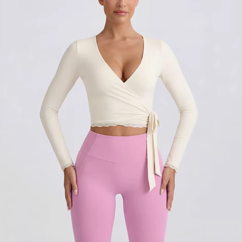 Custom Logo Women Deep V Neckline Stretch Active Wear Solid Long Sleeves Yoga Shirt Adjustable Lace Trim Tie Waist Knit Wrap Top