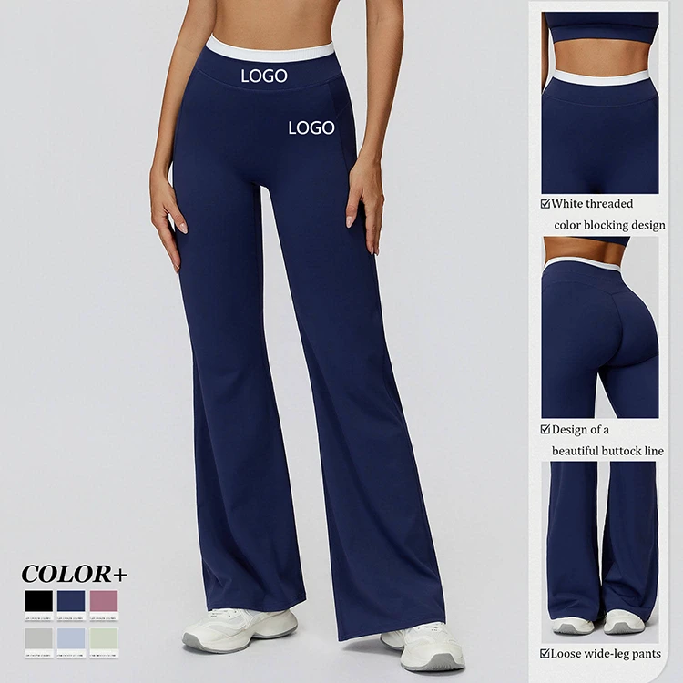 Women High Waist Wide Leg Yoga Pants Scrunch Butt Lift Quick Drying Contrast Color Tummy Control Gym Fitness Flare Leggings