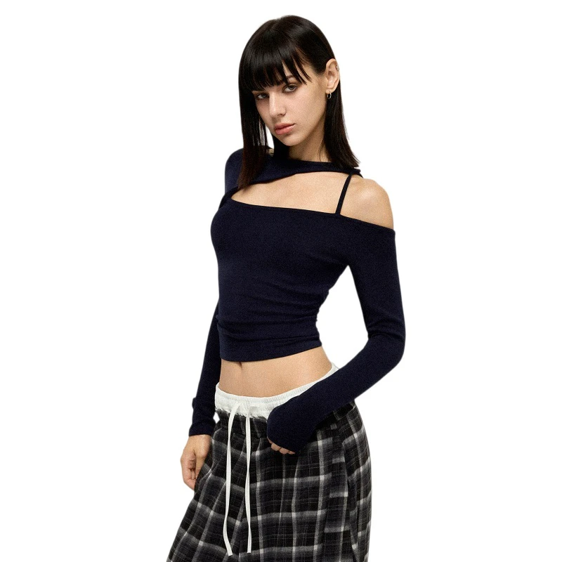 Unilateral Hollowed Long Sleeved off Shoulder Slim Fit Women's Polyester/Cotton Print Plain Dyed Fitness Yoga Top