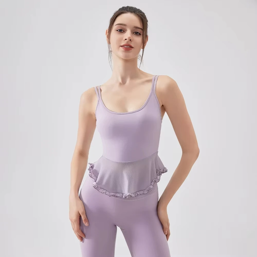Double Strap Ruffle Hem Yoga Tank Top Mesh Panel Fashionable Workout Top Breathable Elegant Gym Top for Yoga Pilates Fitness