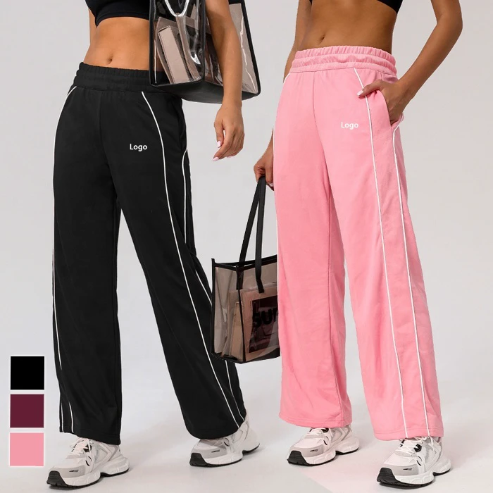 Women Color Block Workout Fitness Gym Active Yoga Loose Casual Trousers Straight Wide Leg Pants Sweatpants With Side Pockets