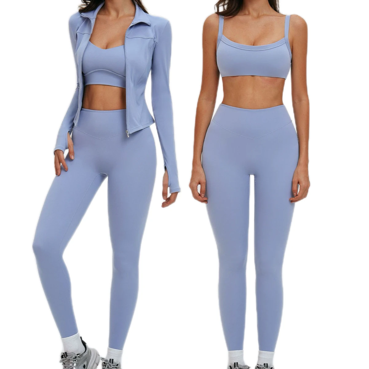 Brushed Solid Breathable Four-Way Stretch Eco-Friendly Bra Full Zip Jacket High Waist Leggings Women's Sportswear Set Yoga Set