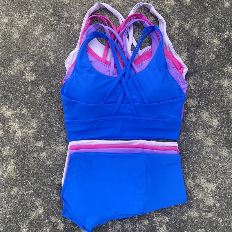 Nude Felling Cross Strap Back Sport Bra High Waist Yoga Shorts Women Gym Wear Tracksuit Seamless Yoga Fitness Set Custom logo
