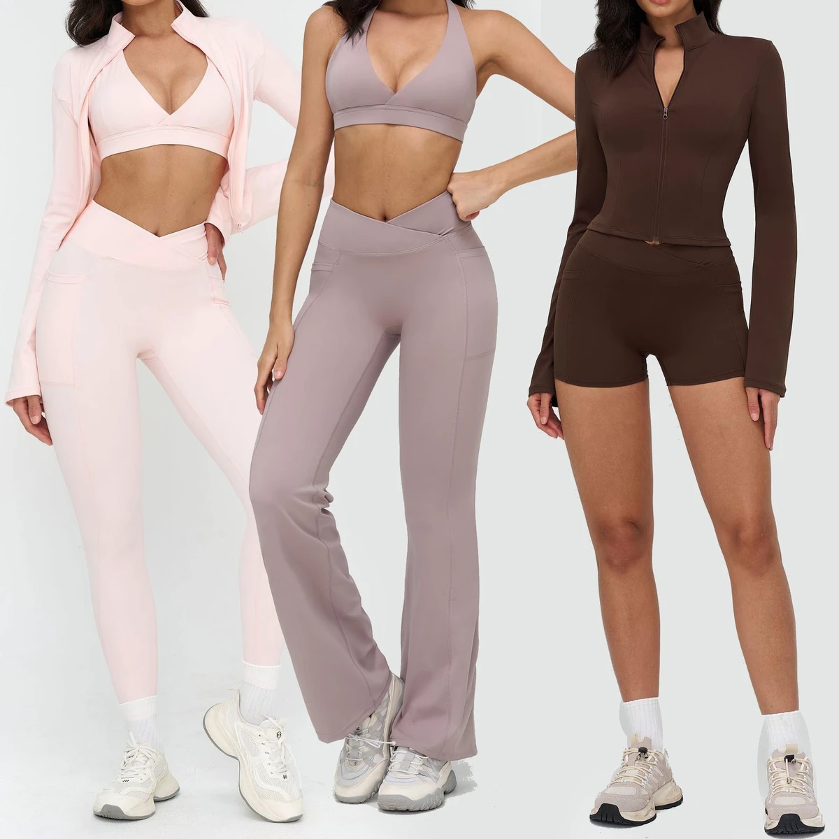 YIYI Wholesale 5pc Stand Collar Slim Fitness Yoga Sets High Waist Booty Lift Yoga Outfit Quick Dry Women Sports Outfit with Pads