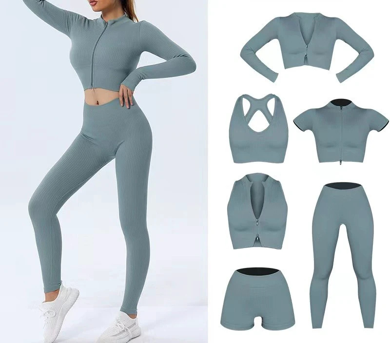 6PCS Seamless Ribbed Set Zipper Yoga SetLong Sleeve Fitness Crop Tops Gym Shorts Leggings Sports Suits