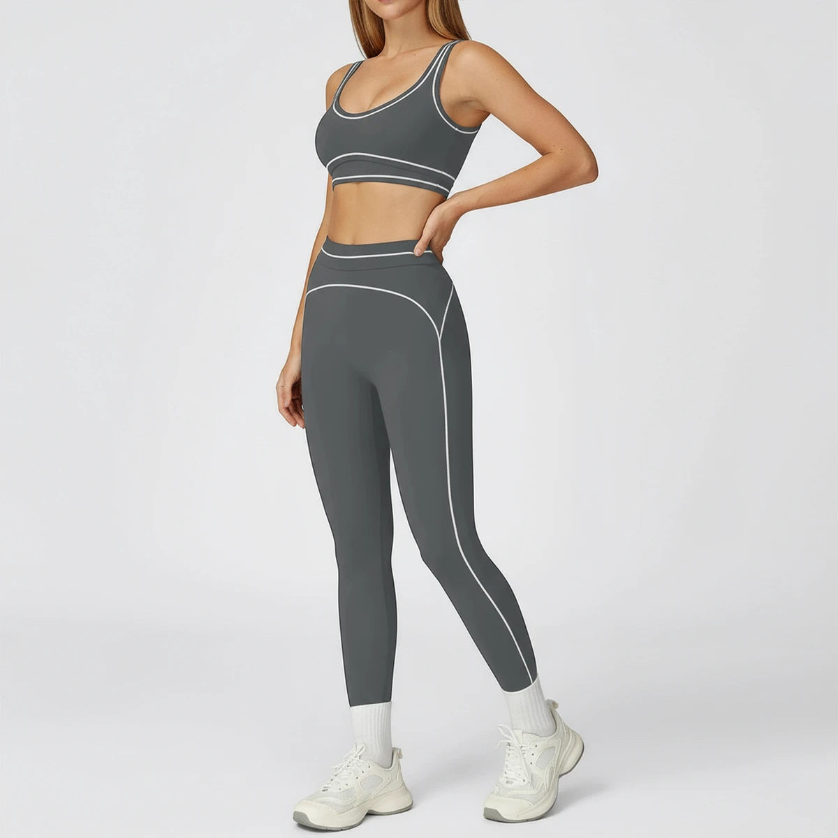 Womens Workout Set Two Piece U Back Color Block Sports Bra Matching High Waist Leggings Gym Pilates Outfits