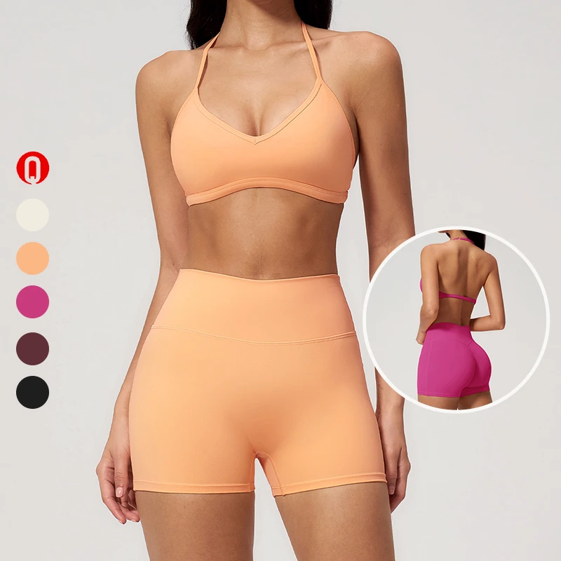 Wholesale Tight-Fitting Halter Neck Sports Bra Yoga Suit Breathable Biker Shorts 78% Spandex/22% Nylon 2-Piece Gym Fitness Sets