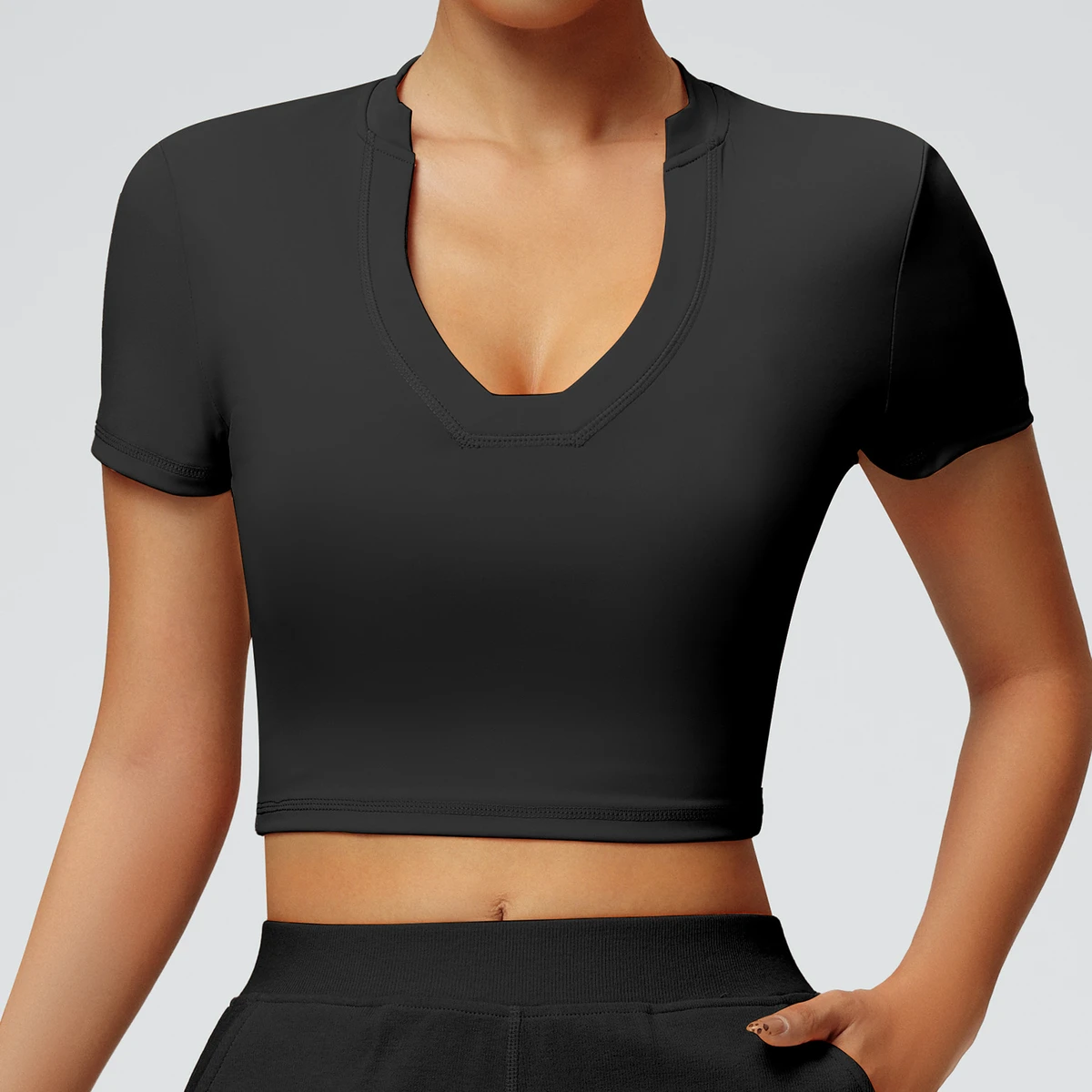 High Quality Summer Casual Solid Short Sleeve V Neck Quick Dry Yoga Top and Nylon Fabric Gym Workout T-Shirt for Women