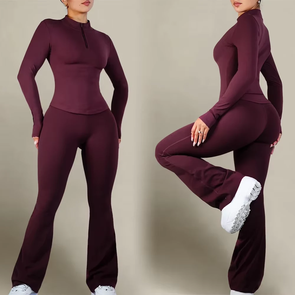 2 Pieces Sets Price Half Zip Up With Tummy Tuck Flare Leggings Pants Sports Gym Yoga Workout Fitness Wear Women Sets