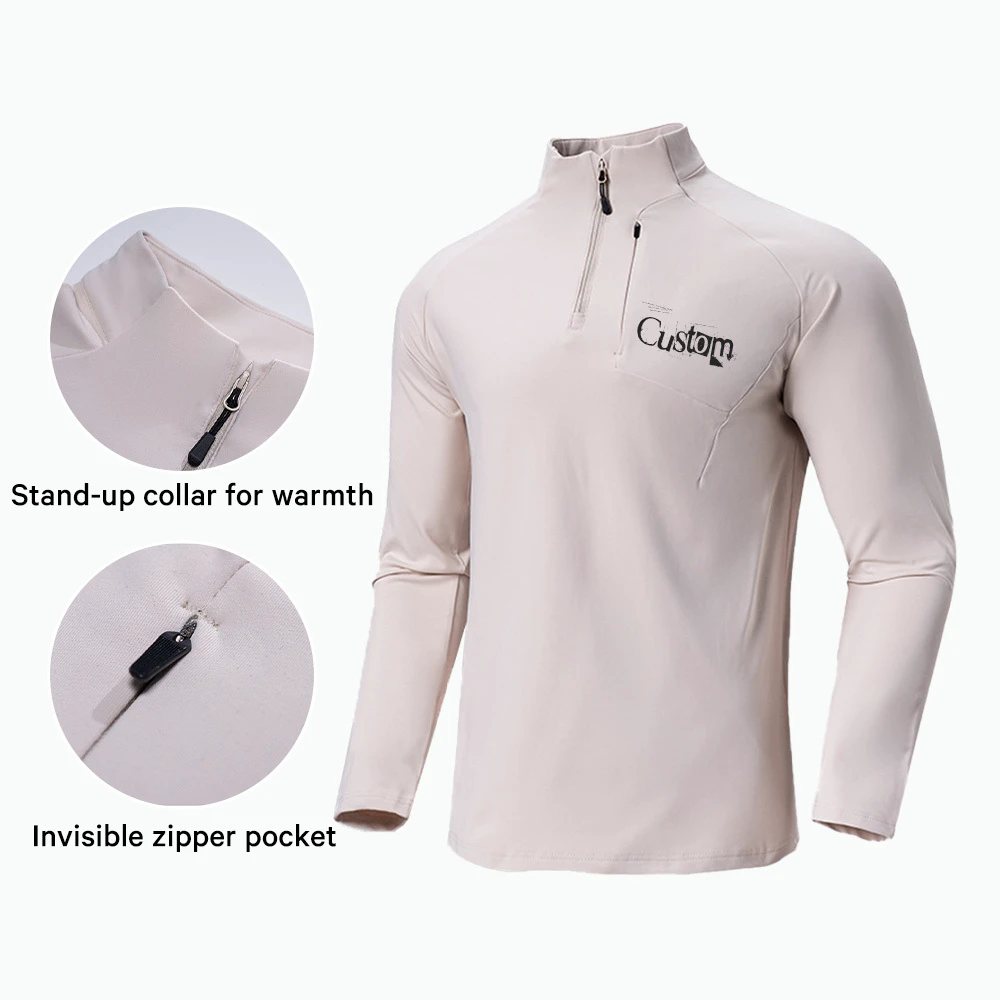 OEM Custom Stand Collar 1/4 Zip Long Sleeve Tops Sport Breathable Warm Gym Workout Training Men's T-Shirt with Chest Zip Pocket
