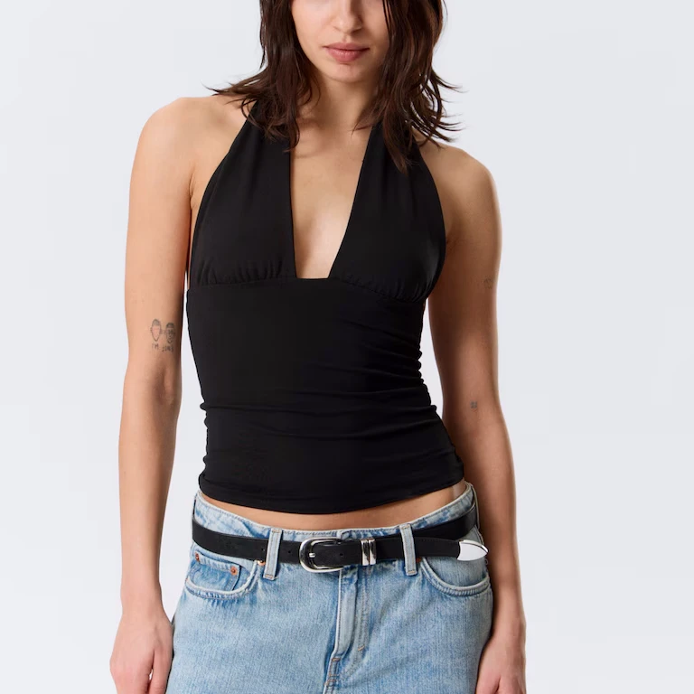 Bulk Custom Blank Women Lyocell Halter Top Eco Friendly Sleeveless Summer Basic Shirts Plunge Neck Topstitched Hem Vendor
