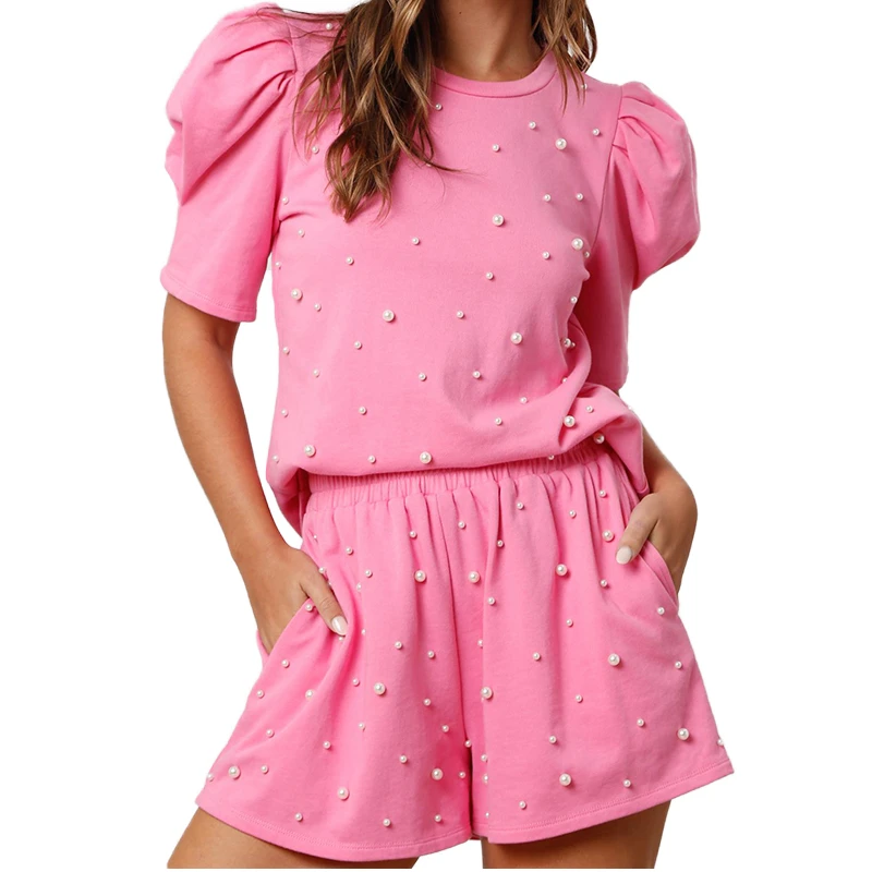 Summer Cotton Soft Custom White Pearls Sweatshirt And Shorts Women's Sets Outfit White Pearls 2 Pieces Tracksuit Sets Women