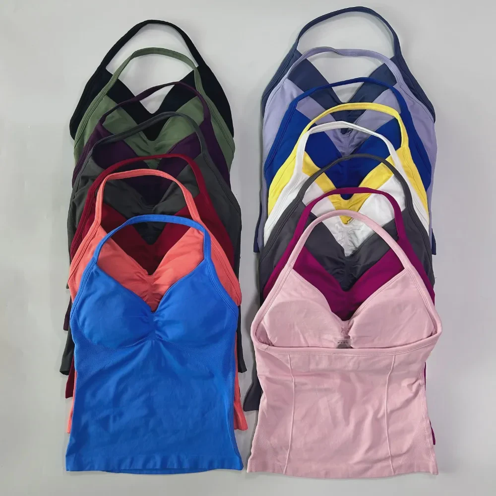 2025 Long Sling Workout Top Custom logo Backless Workout Clothes Seamless Women's Tight Built-in Bra Removable Cup Yoga Vest