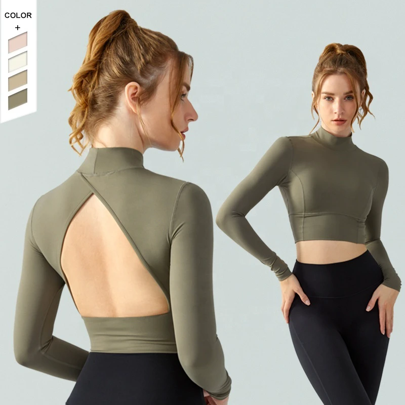 Wholesale Skin Friendly Yoga Long Sleeve Fixed Cup Hollow Out Standing Collar Running Long Sleeves
