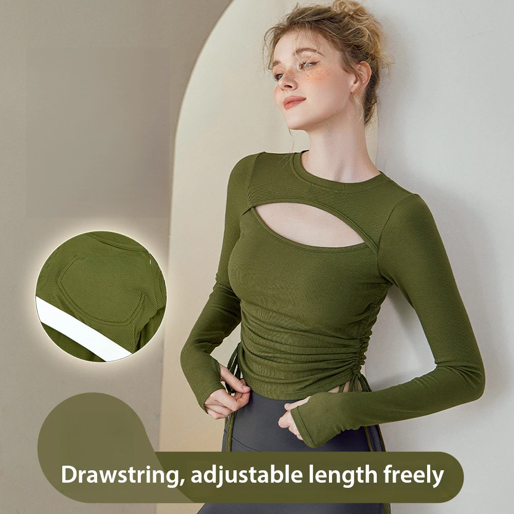 Breathable Mesh Running Fitness Sporty Long Sleeve Women Drawstring Front Hollow Out Tight Female Yoga Tops Gym Customized