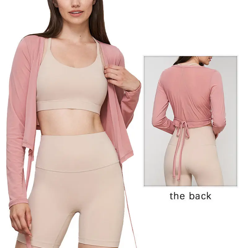 CX1539 Lightweight Yoga Smock Sexy Sping Fall Surplice Neck Mesh Long Sleeve Waist Tie Cropped Top Women