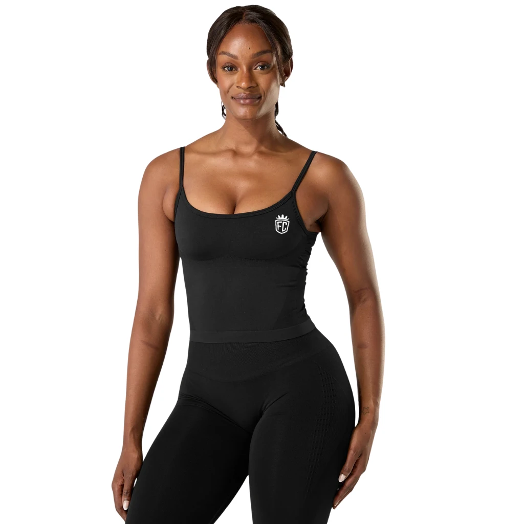Womens Seamless Support Tank Black Built In Bra Low Impact Stretch Fit Yoga Gym Training Activewear