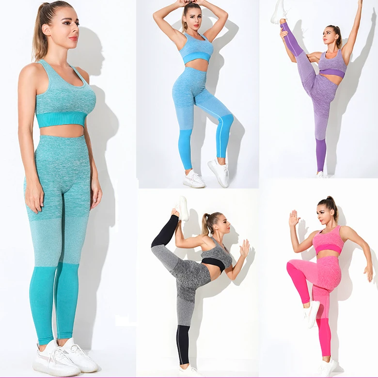 Contrast Color Yoga Casual Fashion Splicing Women's Suit Seamless Ombre Yoga Legging Fitness Yoga Suit Tracksuits for Women