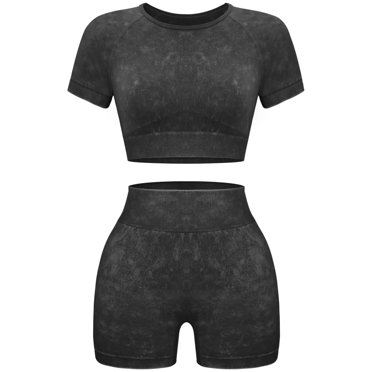 Women's Casual Cotton 2-Piece Workout Set Ribbed High Waist Knee Yoga Shorts Short Sleeve Crop Top Solid Decoration Breathable