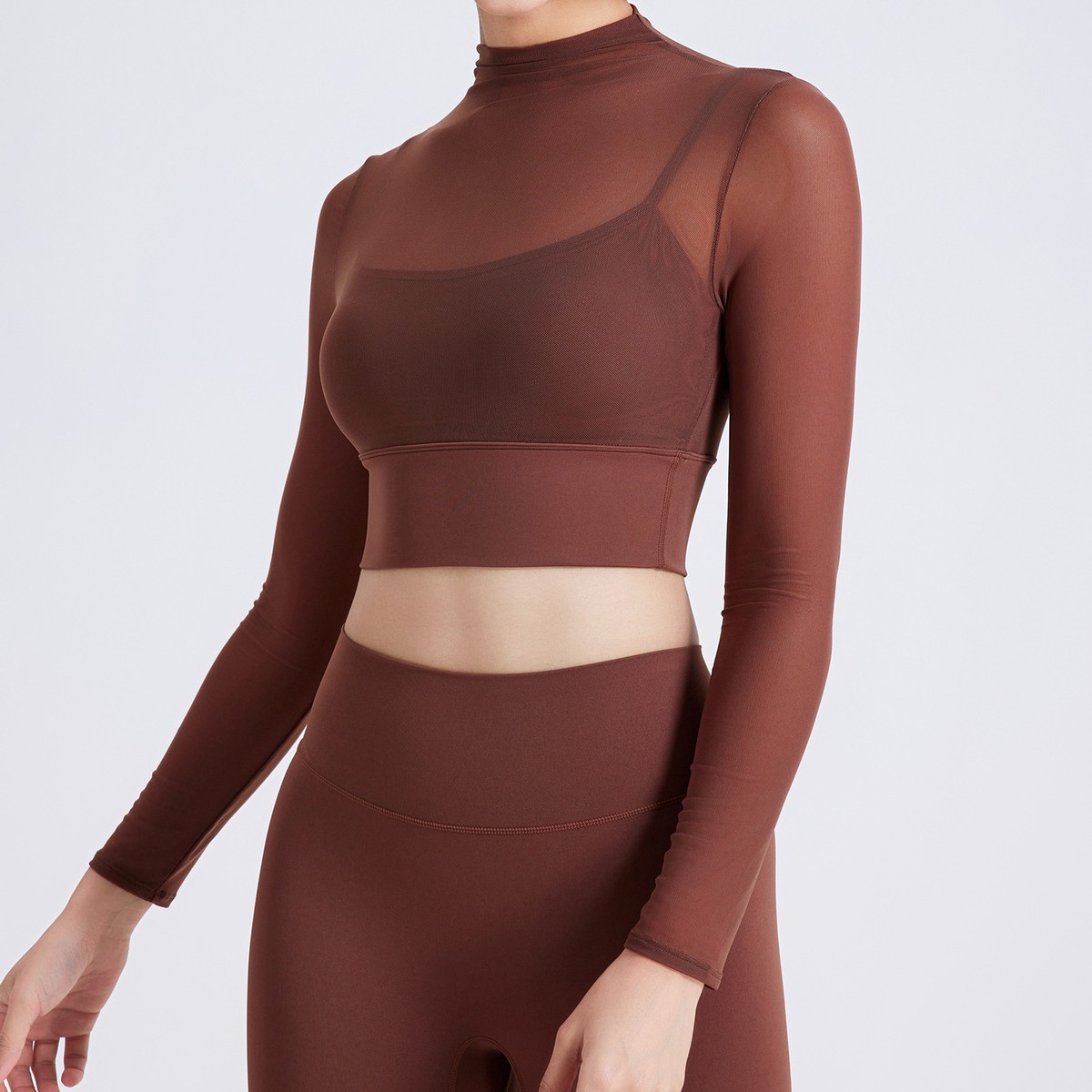 Women's Top Sexy Mesh Yoga Wear Long Sleeve with Chest Pads Quick-Dry Sports Bra Breathable One-piece Cup Fitness Top Gym