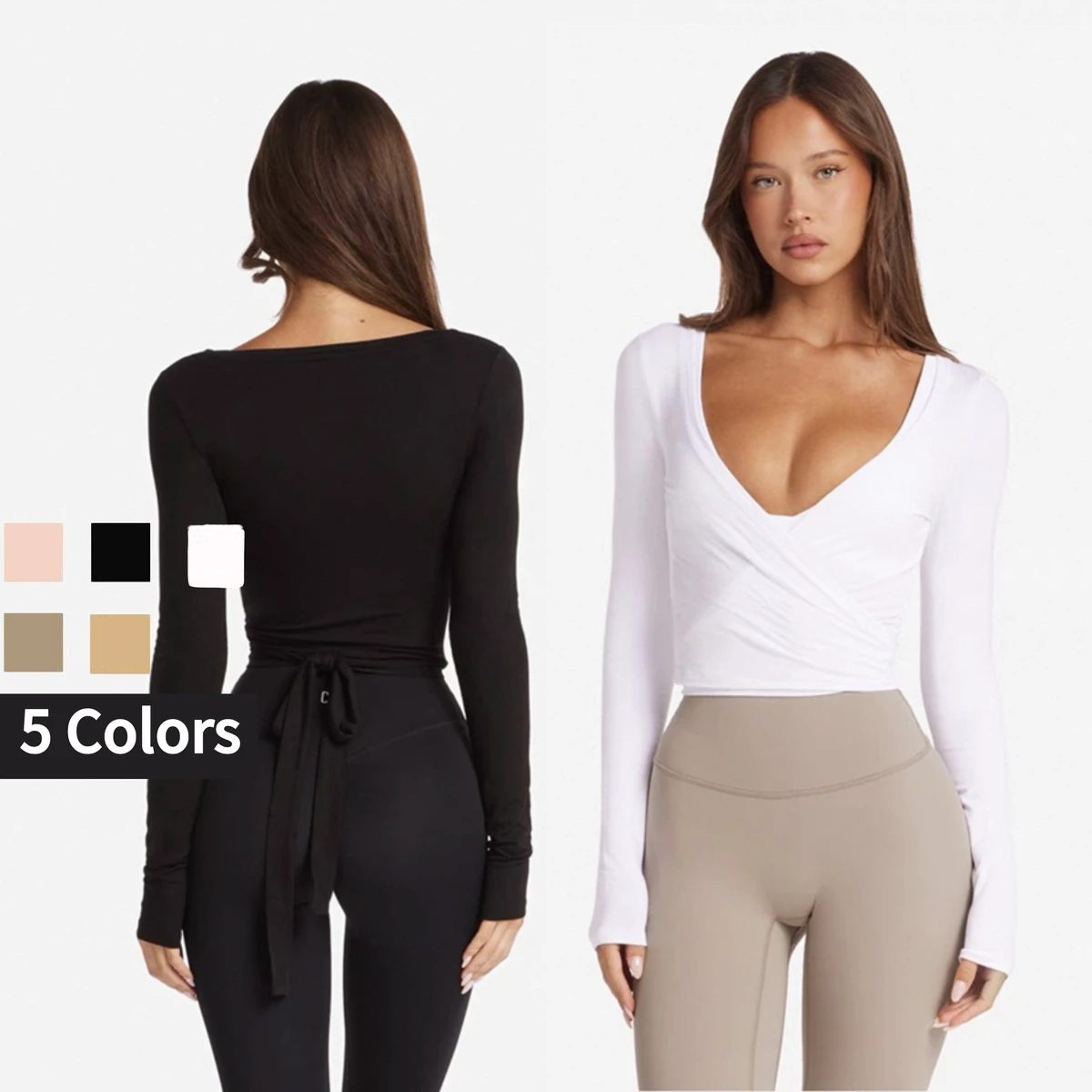 Women Pilate Cross Wrap Long Sleeve Top Slim Fit Ballet Tie Crop Shirt with Deep V Neck Yoga Bra Workout Dance Activewear