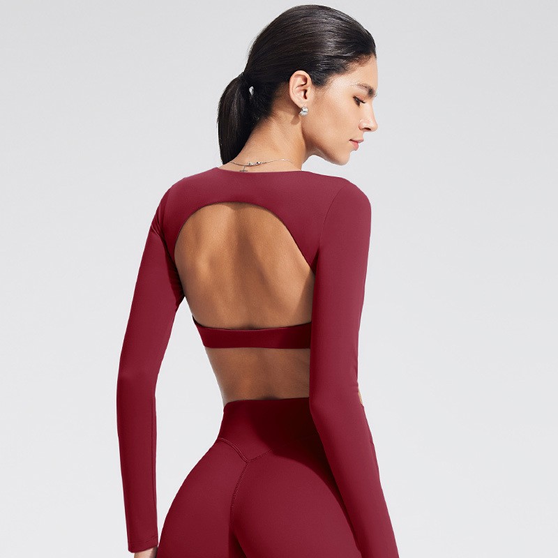 Long Sleeve Open Back Crop Solid Breathable Quick Dry Workout Custom Gym Sports Fitness Yoga Top