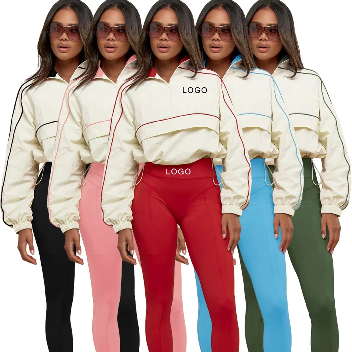 Popular 2pc Jogging Set Suit Women Two Piece Top Yoga Pants Sports and Leisure Drawstring Waist Cinching NylonJogger Pants Sets