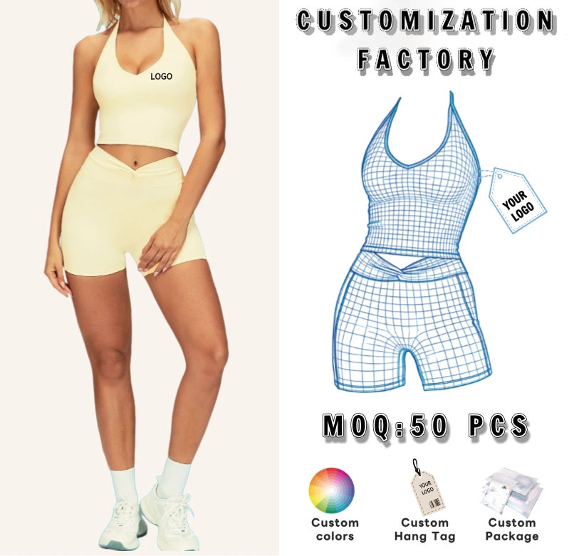 Custom Wholesale Gym Wear Quality Recycled Yoga Gym Fitness Set Four-Way Wtretch High-Waisted Sports Halter Neck Bra Shorts