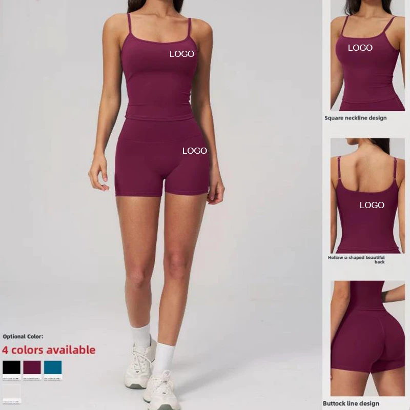 Creamy Sanding Shockproof Breathable Elastic Waist High Waist Hip-lifting Spandex/Nylon Shorts Sports Vest Set Fitness Suit Yoga