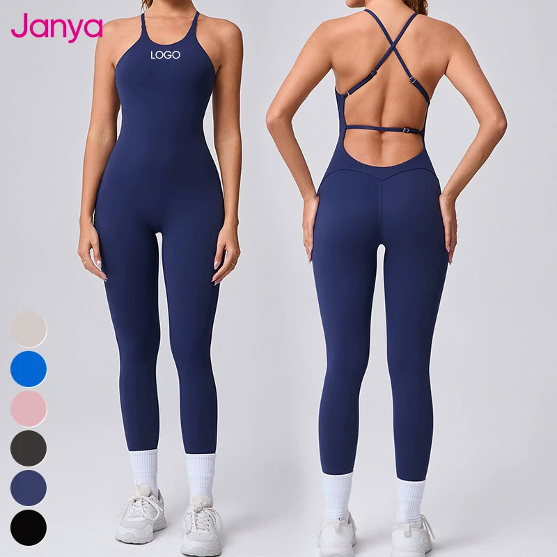 Janya Women's Sleeveless Backless Sports Bodysuit Adjustable Straps Cross Back Gym Fitness Bodysuit One Piece Yoga Jumpsuit