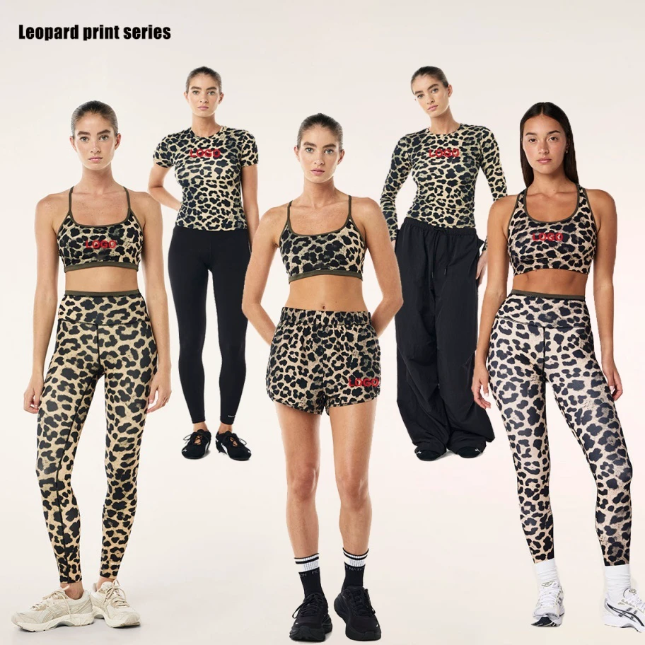 Women's Custom Two Piece Yoga Set-Modest Leopard Print Soft Shirt and Legging Shorts for Spring Summer Cheetah Loungewear
