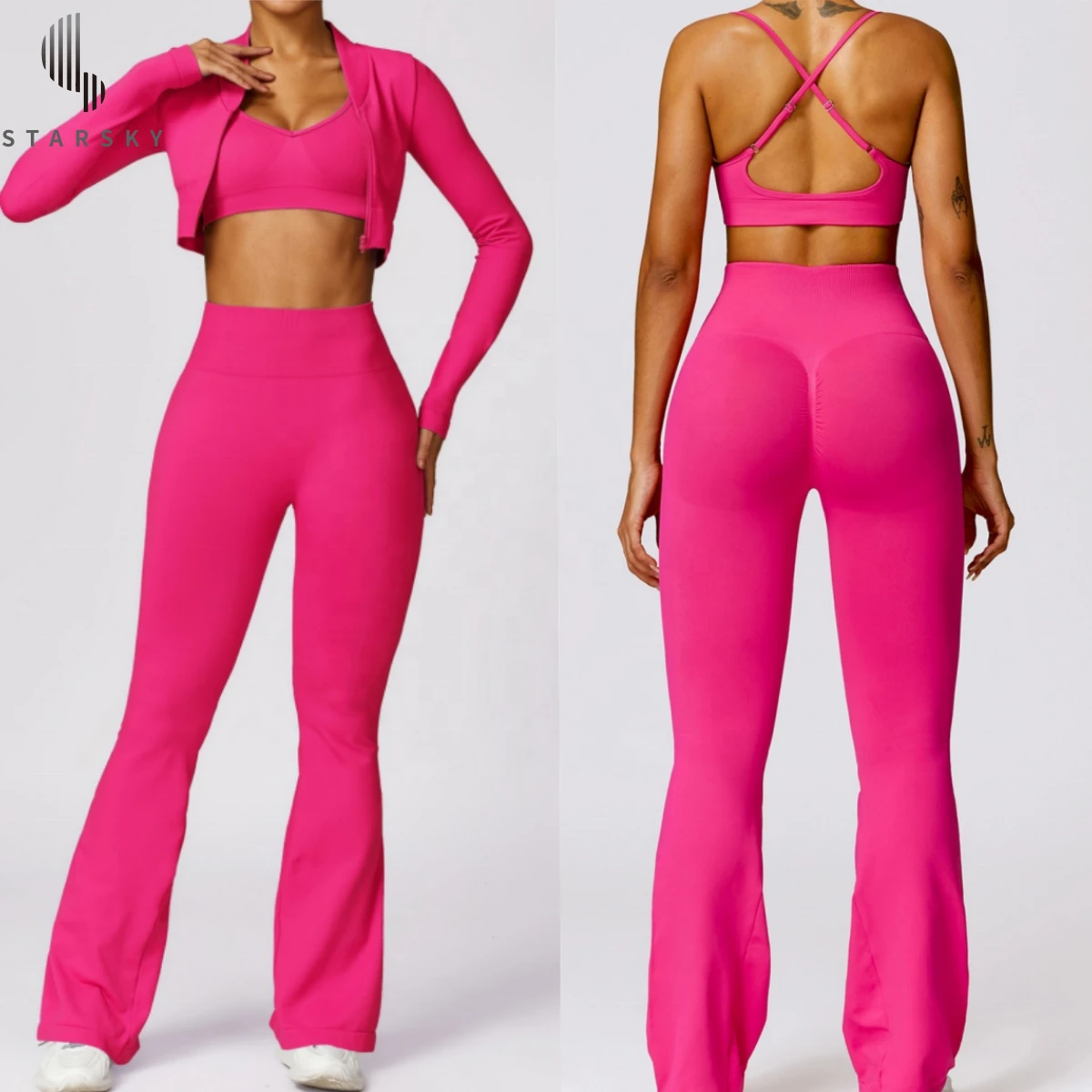 Seamless Tight-fitting Beautiful Back Yoga Suit Women's Casual Bra Zipper Hip-lifting Flared Fitness Sports 3 Pieces Set