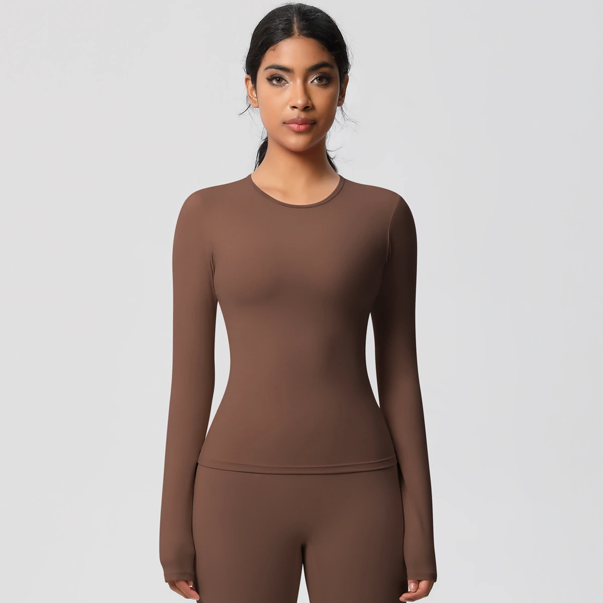 Women Nylon Long Sleeve Workout Top Round Neck Slim Fit Quick Dry Athletic Shirt Yoga Gym Fitness Running