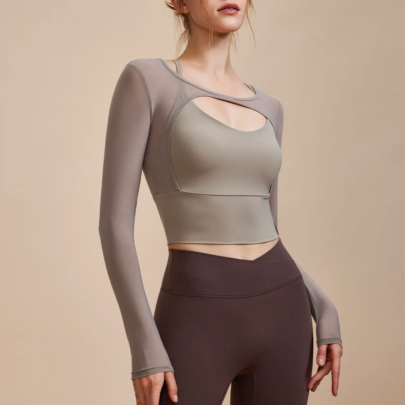 Patchwork Skinny Yoga Tops Women Skinny Long Sleeve Pilates Cropped Top Sports Fitness Quick Dry Bra With Chest Pads