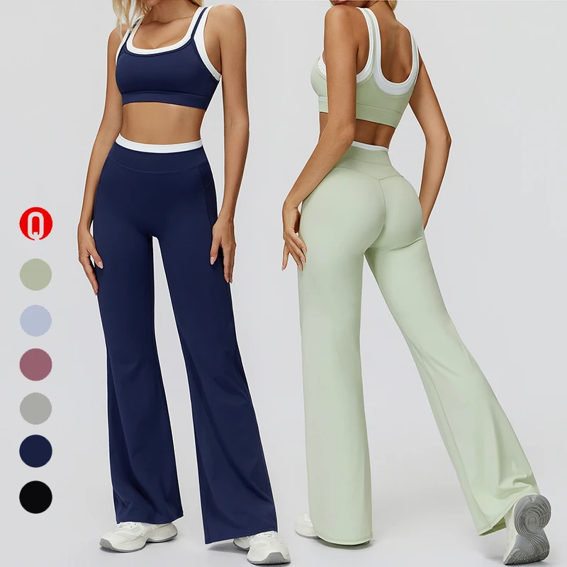 Two-piece Breathable Running Sports Bra Elastic Waist Flared Leggings Lightweight Sweat-wicking Four-way Stretch Yoga Set Women