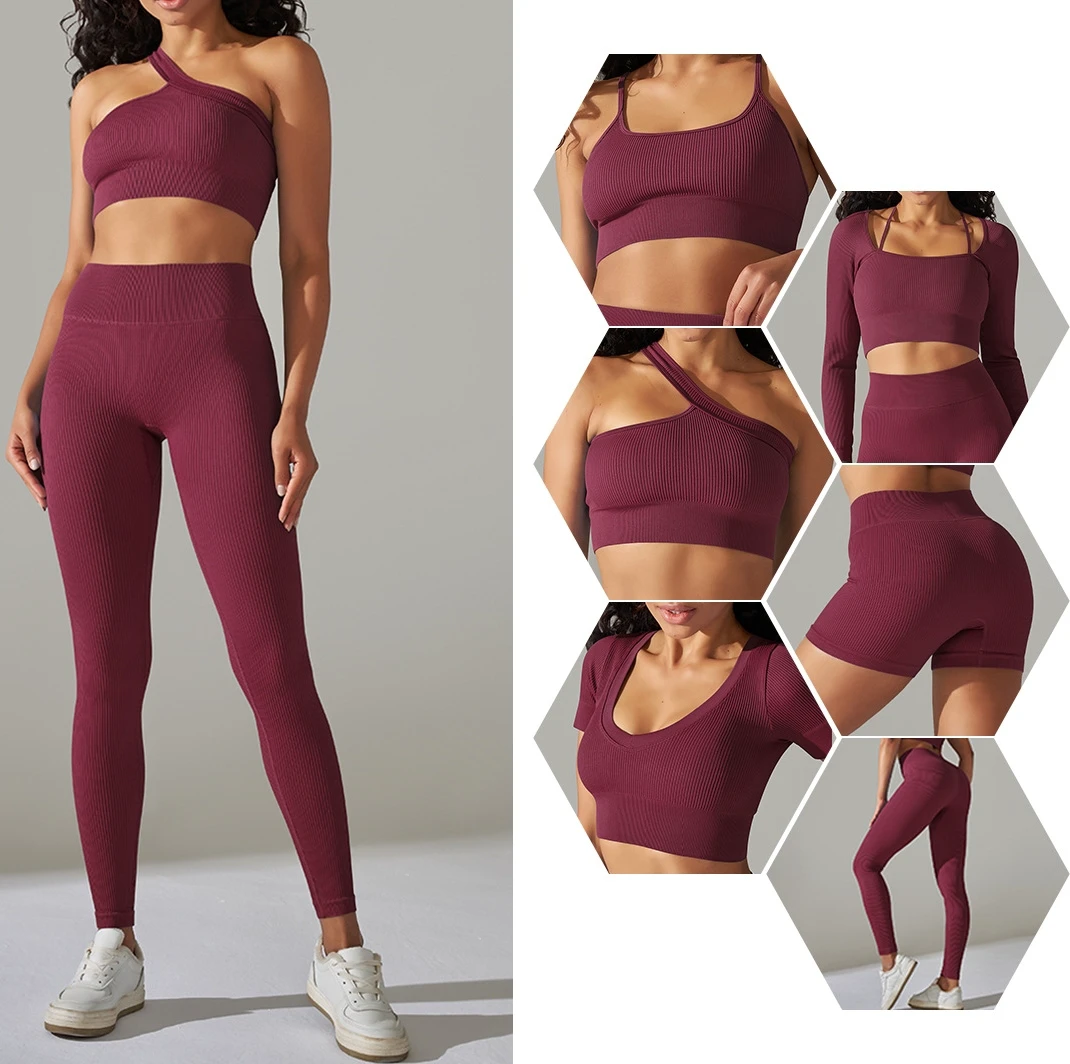2023 New Women Padded Sports Bra Yoga Suits Butt Lifting Pants Breathable Workout Sets Seamless 6 Pieces Gym Fitness Wear
