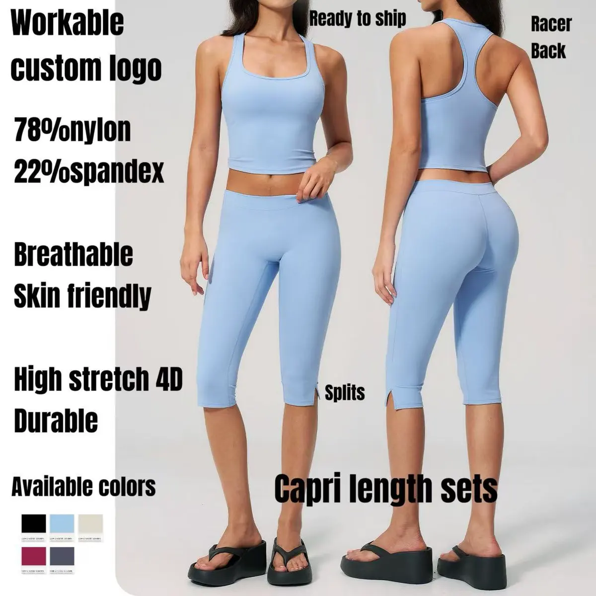 Ropa Deportiva Mujer Splits Two Pieces Sports Wear Square Neck Tank Top Capri Leggings Yoga Gym Fitness Workout Sets For Women