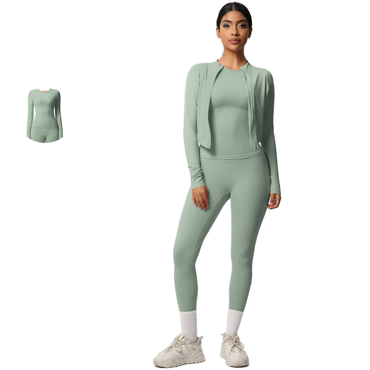 High Quality Lightweight Three-Piece Set Solid Color Yoga Pants Pockets Short Sleeve Top Skin-Friendly Breathable Fitness