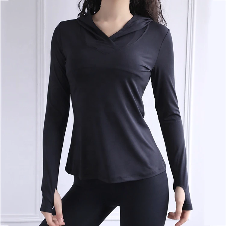 New Design Workout Tops Custom V Neck Quick Dry Hood T Shirts Womens Long Sleeve Sexy Mesh Back Yoga Sweat Shirt