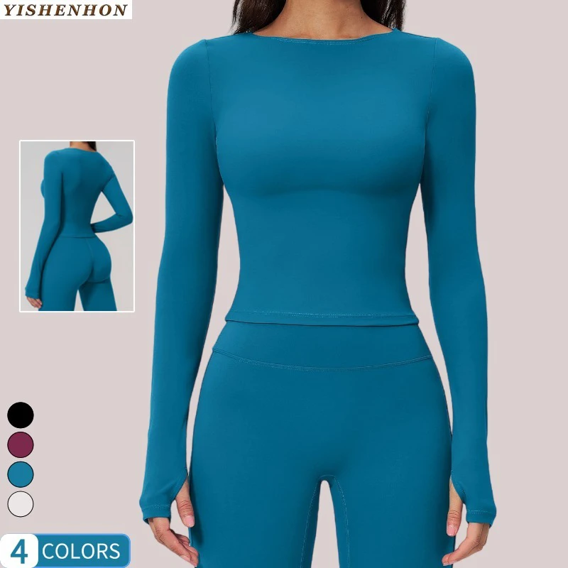 YSH Women's Lightweight Sports Long-Sleeved Slim-Fit Yoga Top Crewneck Breathable Front Print Seamless Solid