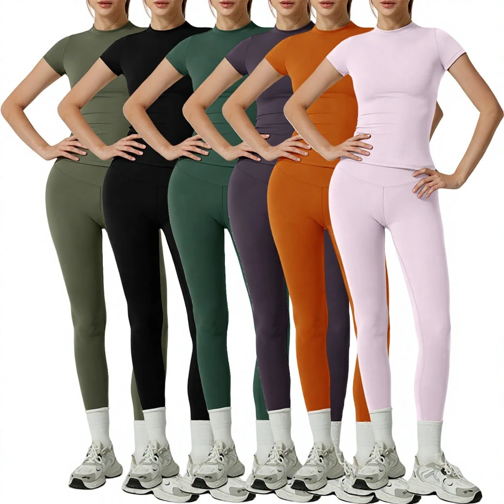 Spandex/Nylon Solid Women's Yoga Suit 2-Piece Breathable Full-Length Spring Summer Short Sleeve Trousers for Fitness Running