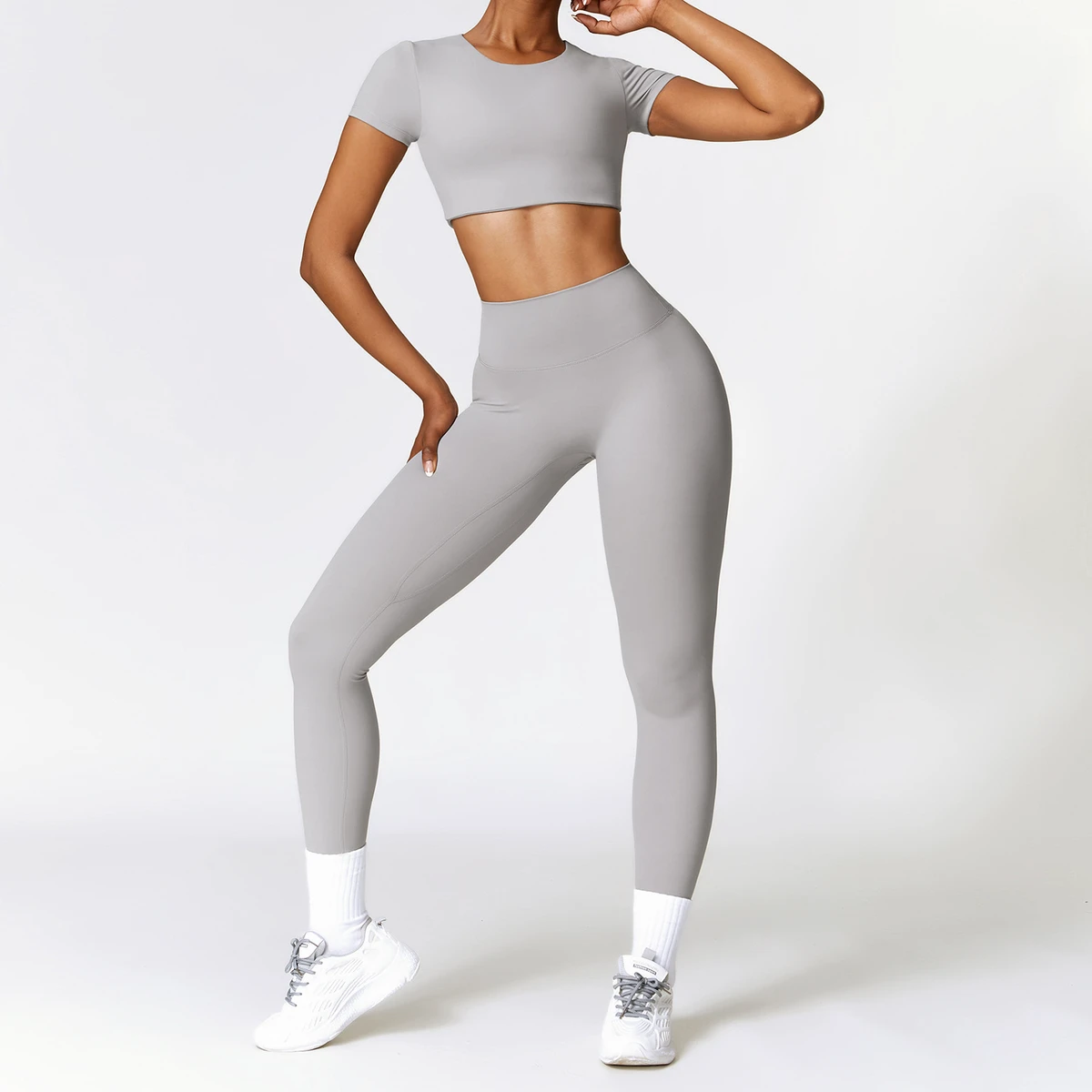 High Quality Breathable 2 Pics Short Sleeved Crop Top and Legging Women Gym Athleisure Yoga Sets with Custom logo