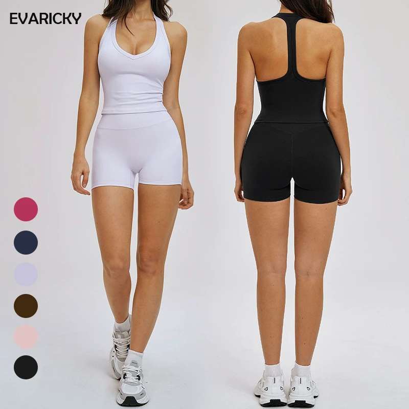 EVARICKY New Arrival Racerback Gym Top V Neck Tank Top Women's Solid Color Sportwear Outdoor Running Fitness Yoga Suit for Women