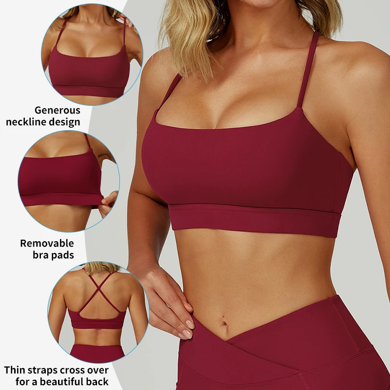 EWX2030 Women Active Wear High Impact Thin Straps Cross Back Yoga Bra Top Workout Fitness Backless Crop Sports Bra