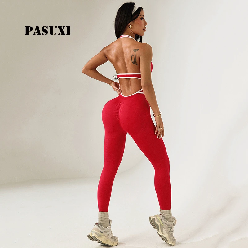 PASUXI Trend Color Block Backless Yoga Jumpsuit High Waist Scrunched Butt Lifting Romper One Piece Running Bodysuit for Women