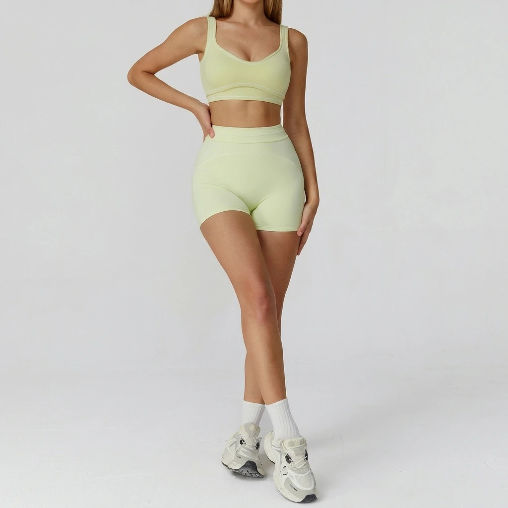 Women 2 Piece Short Workout Sets Color Block Sports Bra High Waist Tummy Control Leggings Gym Yoga Pilates Outfits