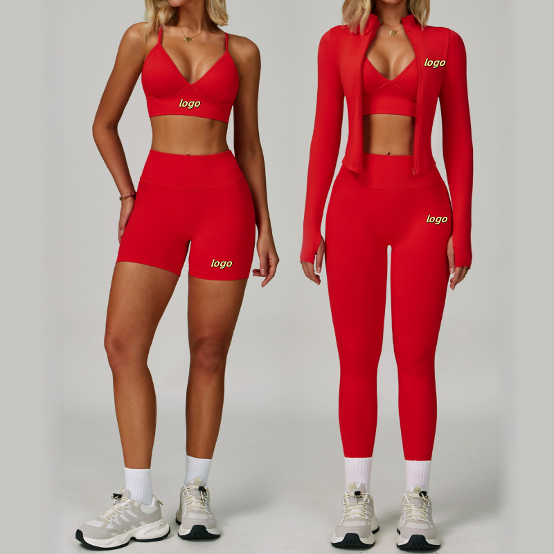 Women Five Piece Solid Recyclable Activewear Set Gym Yoga Fitness Outfit Sports Bra Long Sleeve Top Mid Waist Shorts Front