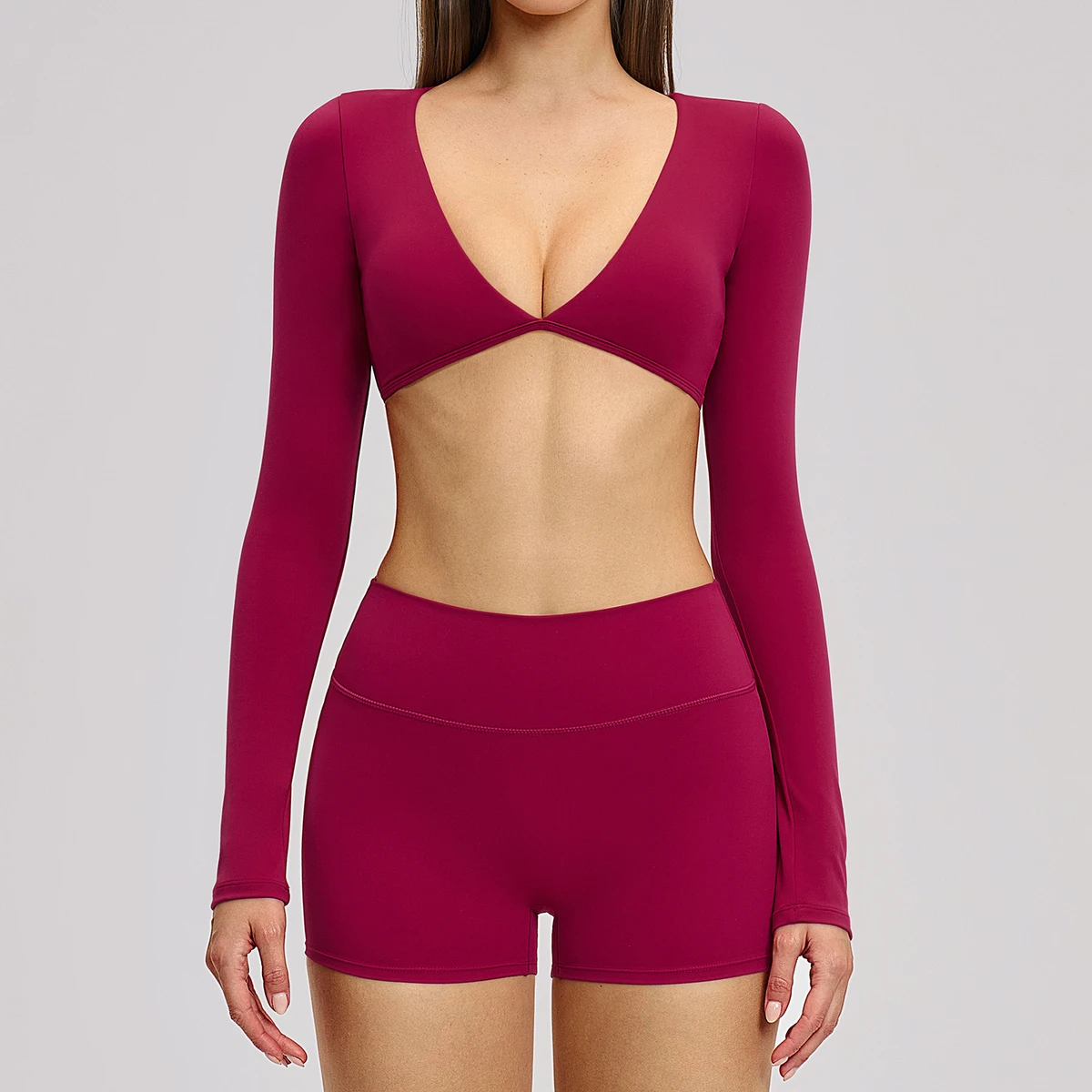 Women's Long Sleeve Yoga Top Deep V Neck Twist Thumb Hole Sports Top and Sports Shorts