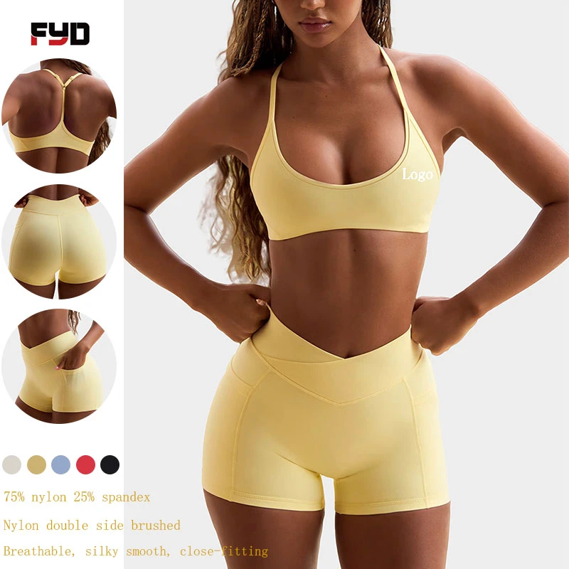 Custom New Design Comfortable Breathable Plus Size Yellow Yoga Sets Sports Bra Cross Waist Fitness Three-Quarter Shorts Hot Sale