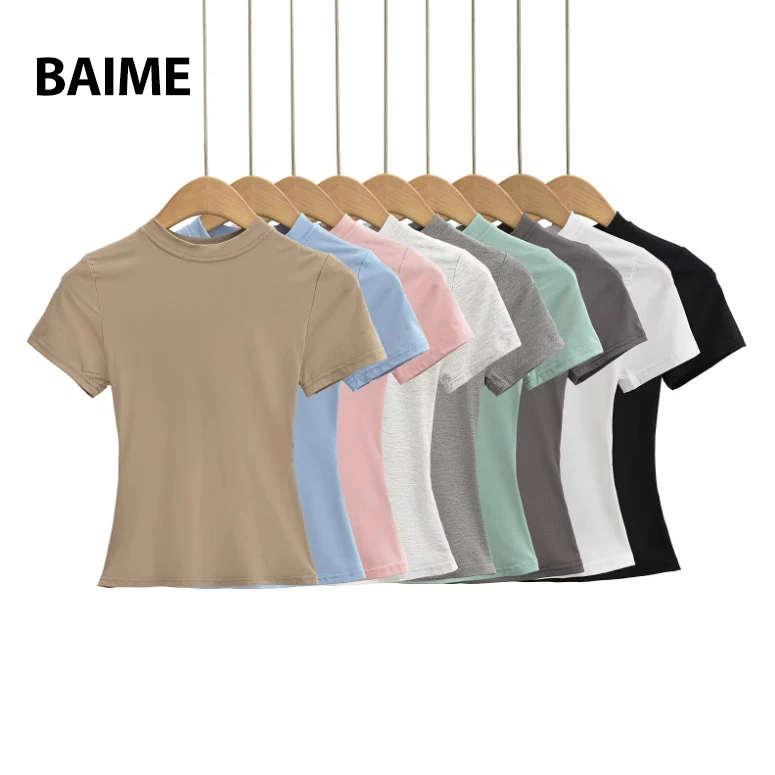 Hot Sale Solid Color Women's T Shirt Round Neck Sexy Slim T-shirt Fashion Short Sleeve T-Shirt